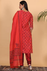 Red Chanderi Kurta Set With Block Print